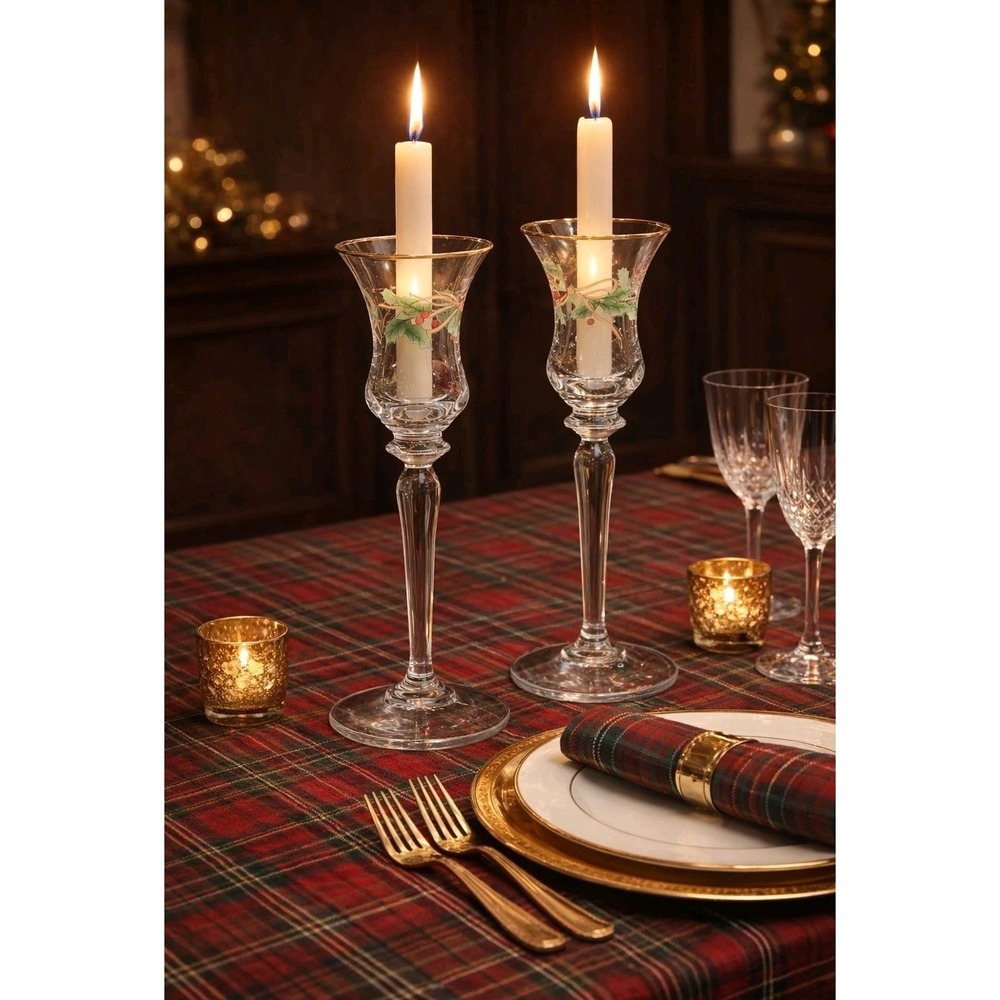 VTG Set 2 MIKASA Christmas Holly Ribbon Single Light Candlesticks‎ Cottagecore